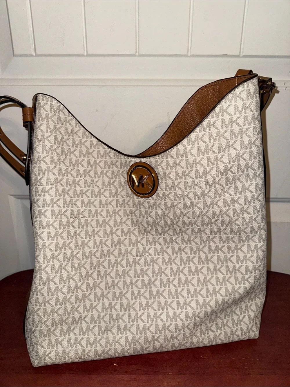 Michael Kors Signature MK Logo Canvas Shoulder Bag in Beige and Tan